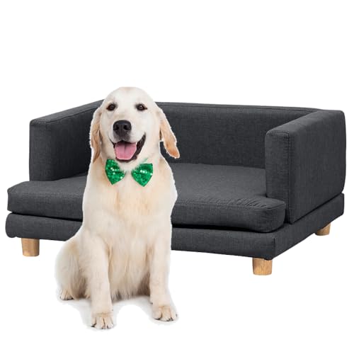 Rainbow Tree Dog Sofa Bed Grey for Medium&Small Dogs, Elevated Dog Couch with Removable and Washable Cover, Linen Pet Sofa Chair with Wooden Legs (Grey Bigger Size)