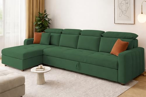 Image of Casaliving Gagnon LHS 6 Seater L Shape Corner Sofa Cum Bed for Living Room (Green Fabric) Premium Fabric Sofa
