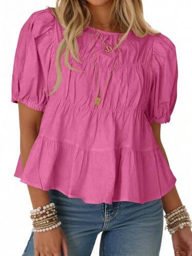 Image of Tankaneo Womens Puff Sleeve Peplum Babydoll Tops Summer Flowy Pleated Cotton T-Shirts Casual Loose Fit Cute Blouse