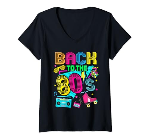 Donna Back To 80's 1980s Retro Vintage Eighties Costume Party Maglietta con Collo a V