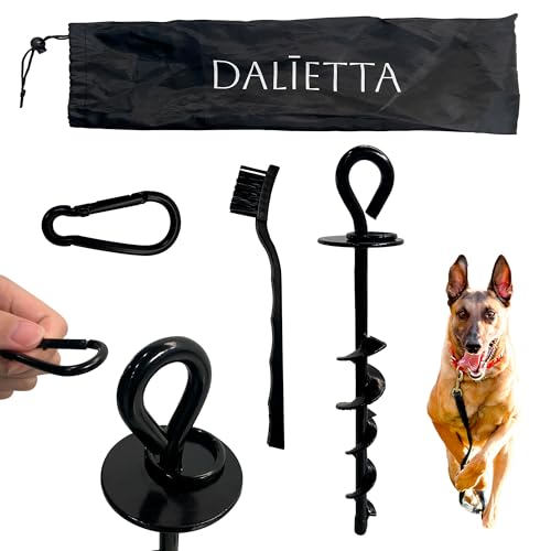 Dialetta Dog Tie-Out Stake with 360° Swivel Ring That Holds up to 200 lbs - Full Screw Trampoline Stake & Dog Tether for Yard Anchoring on Grass, Soil & Sand - Black