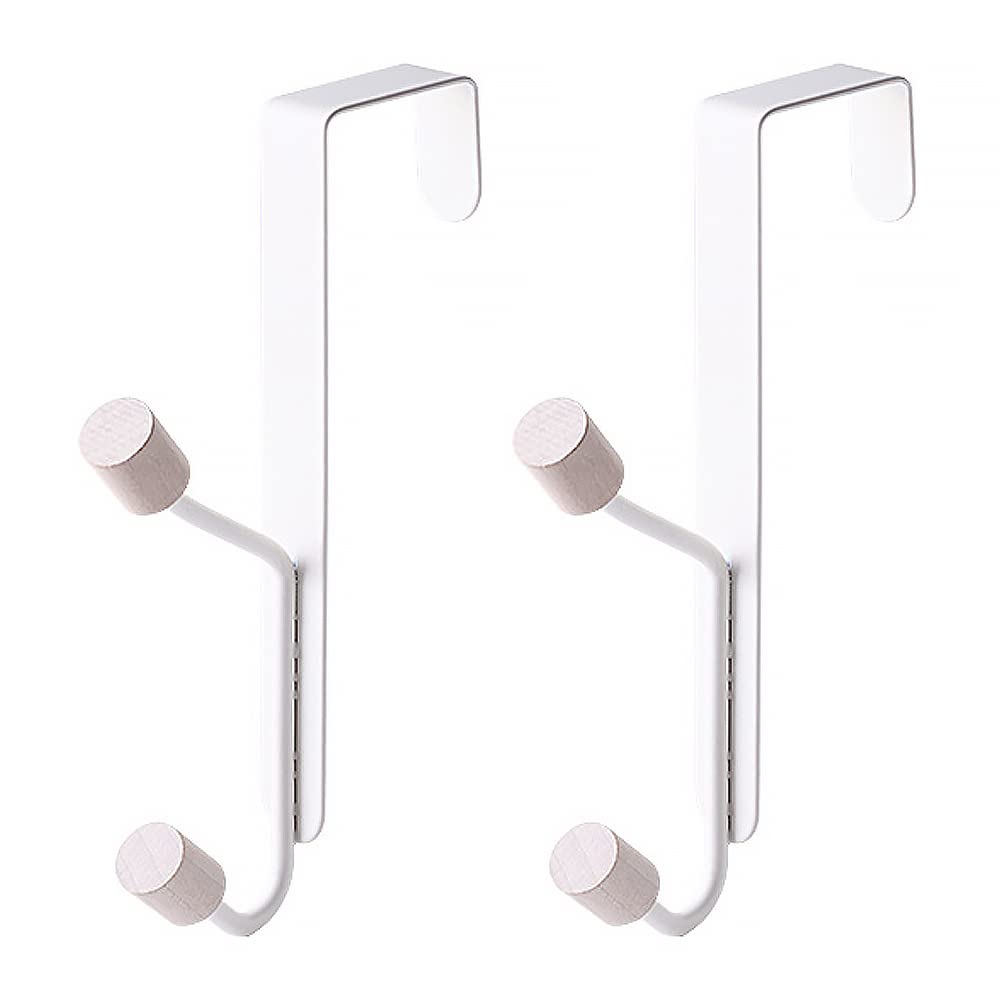Jinretute White 2 Pcs Over The Door Hooks - Sturdy Metal Over Door Wooden Hooks Organizer Rack Hanger For Hanging Coats Hats Robes Towels