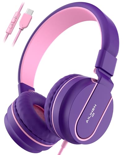 Image of AILIHEN USB C Headphones for Kids with Microphone, 85dB /94dB Volume Limited Over Ear Wired Headphones, Foldable Adjustable Headband for School, Chromebook, Tablet, iPad