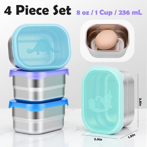 Image of Tanjiae 4x8oz Small Stainless Steel Snack Containers for Kids & Toddlers - 230mL Leakproof Food Containers with Cute Dino Lids | LFGB Certified, Stackable Metal Snack Box for Daycare, School, Travel
