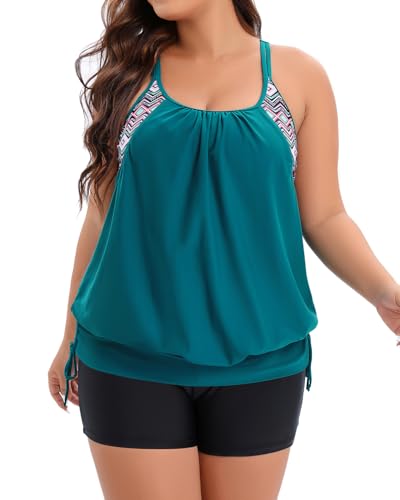 Image of Holipick Plus Size Tankini Swimsuits for Women Two Piece Tummy Control Bathing Suit Blouson Tankini Top with Shorts