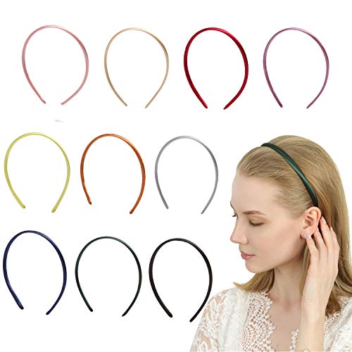 Folora 10pcs Thin Colorful Satin Headbands Plain DIY Headbands for Women Girls, 10 Colors
