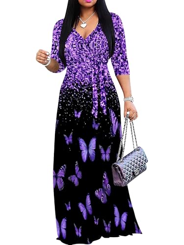 Image of SUZONANA Plus Size Dresses for Women Print Maxi Dresses Flowy 3 /4 Sleeve with Belt