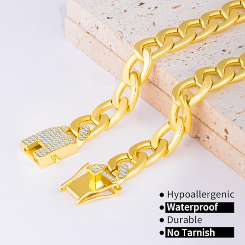 KYNOX Cuban Gold Link Heavy Duty Necklace Dog Cat Collar for Small Medium Large Dogs Cats Bully French Bulldog Dog Collar with Luxury Safety Buckle (14 in, Bone-Shaped Diamond Setting) — view 5