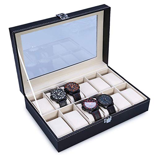 The perseids Cajas para Relojes, Estuche para Relojes, con 12 Compartimentos, Caja de presentación para 12 Relojes en PU Piel Sintética (Negro, 12 Ranuras)