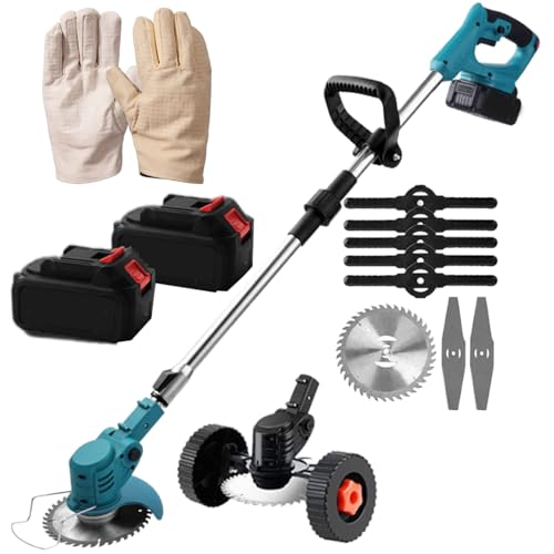 Cortabordes Y Cortacésped Eléctrico Inalámbrico De 48 V con 2 Baterías Y Cargador, Diámetro De Corte De 15 Cm, Cortacésped Eléctrico Telescópico Ligero (Azul) para El Bordeado Y Man Blue Twobatteries