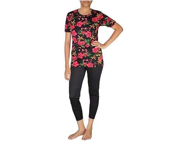 SoftSwiss (M to 3XL 2 Piece Swimming Dress for Women with Pads | T Shirt + Slacks I Swimwear | Swimming Suit I Random Print