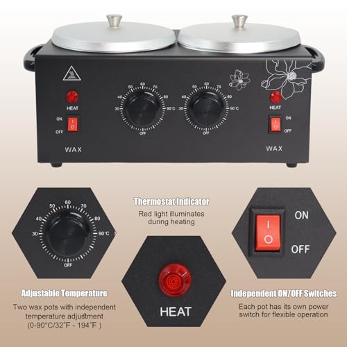Image of Wax Warmer Double Pot, Professional Electric Heater for Facial, Body, Spa, and Salon, 1.2L Dual Adjustable Temperature with 100 Wooden Craft Sticks, Hair Removal (Black)