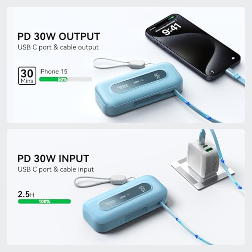 Portable Charger Power Bank 30W, Portable Phone Charger Fast Charging Battery Pack with Built in Retractable Cable, 10000mAh Travel Chargers for MacBook, iPad, iPhone 16/15/14 Pro Max, Samsung Galaxy - Thumbnail 3