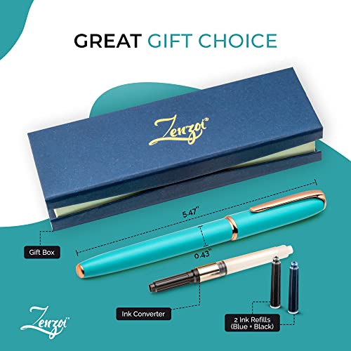 Zenzoi Turquoise Fountain Pen Medium Nib & Rose Gold Trim – Beautiful Luxury Pen For Women Or Men W/Schmidt Gold Nib, Converter, 2 Ink Refills & Fancy Gift Box. Effortless Writing High End Pen Set #TOP4