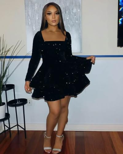 Women's Sparkly Sequin Long Sleeve Homecoming Dresses for Teens Glitter Tiered Short A-Line Formal Cocktail Prom Dress4
