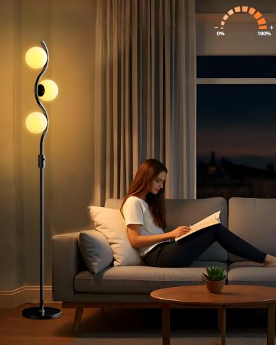 Image of Lightdot 60IN Dimmable Black Floor Lamp Mid Century Standing Lamps with 3 Globe Soft Warm White 3000K Bulbs Included Modern Tall Lamp with 5Lbs Heavy Base for Living Room /Bedroom /Sofa Beside