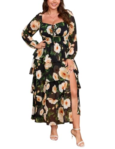 Image of EYWOL Plus Size Long Sleeve Floral Tiered Semi Formal Wedding Guest Dress