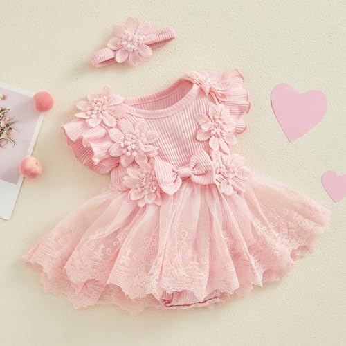 ​Newborn Baby Girl Romper Dress Lace Mesh Dress Jumpsuit Bodysuit with Headband Infant Girl Summer Clothes3