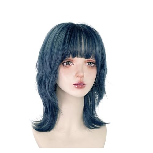 Perruque bleue frange contre cheveux plats coupe mulet ondulée volume
