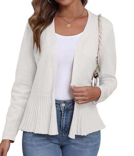 GRECERELLE Chaqueta de punto para mujer con dobladillo plisado, ligero, manga larga, cárdigan para mujer, corto, elegante, informal, con frente abierto, bolero, Blanco, XL