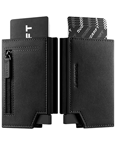 DUGRAFT Bifold Pop Up Wallet for Men, Slim Leather Credit Card Holder with Zipper Minimalist Women Magnetic Cash Coins Pocket Wallets RFID Blocking(Black)