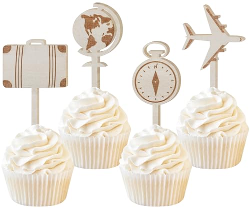 Sursurprise PDEC-1059 16Pcs Travel Theme Cupcake Toppers Wooden Airplane Suitcase Cake Toppers cover