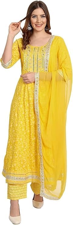 Rangnavi Women's Rayon Anarkali Embroidered Printed Anarkali Salwar Kameez XX-Large Yellow