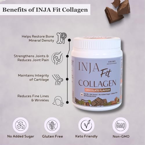 Image of INJA Fit Hydrolyzed Marine Collagen Supplement Powder for Women & Men, Japanese formulation Collagen with Vitamin C, Healthy Joints, Muscles, Skin, Hair, Sugar-Free, Gluten-Free, Chocolate Flavor, 250 gm
