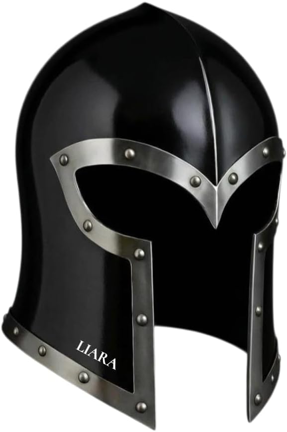 LIARA Medieval Knight Helmet, Black Steel Armor Helmet with Silver Riveted Trim, LARP Cosplay