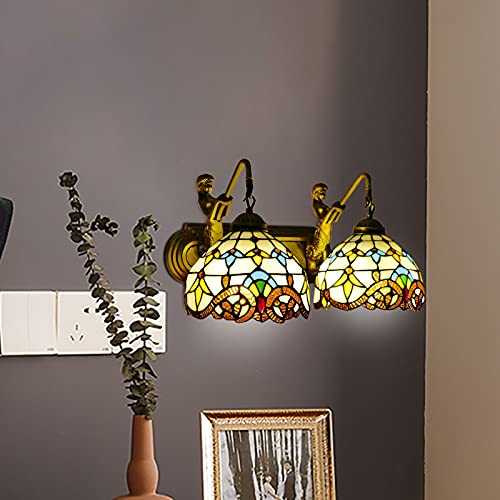 Image of Wall Sconce Vintage Style Stained Glass Bowl Wall Fixtures 2-Light Wall Light in Antique Brass with Mermaid for Bedroom Hallway Stairway Balcony