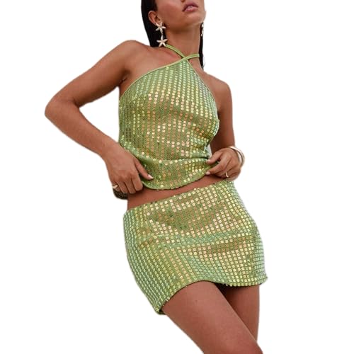 Karwuiio Woman Two Piece Outfits Sparkly Sequin Sleeveless Tops Sexy Bodycon Mini Skirt Sets Y2K Clubwear (Green, S)