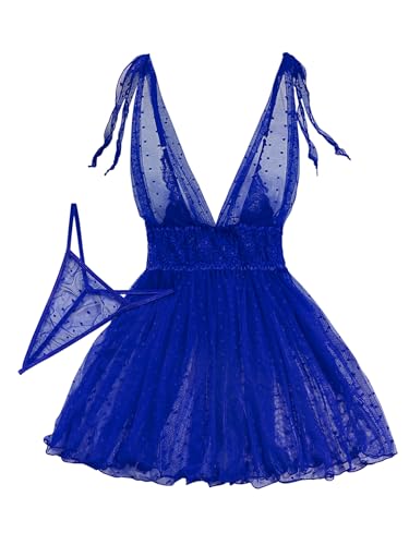 Image of Lilosy Sexy Polka Dots Mesh Sheer Lace Babydoll Chemise Lingerie Set Floral Sleep Wear