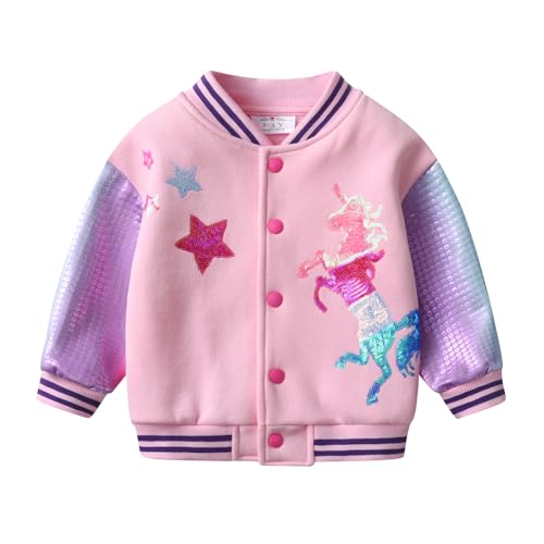 DXTON Girls Baseball Bomber Jacket Zip/Button Sweatshirt Fall Winter Outwear Coat for Kids Toddler 3-12 Years