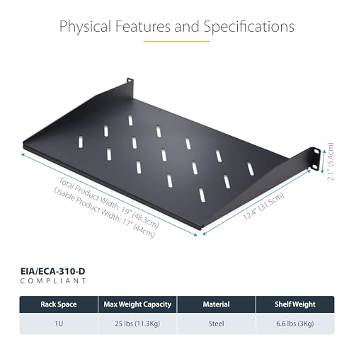 Image of StarTech 1U Vented Server Rack Shelf, 12in, 25lb (CABSHELFV1U-12-RACK) | EIA-310 19in rack and cabinet fit, 11.3kg, 31.5cm mounting depth, SPCC cold-rolled steel, Passive airflow
