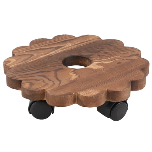 HOUDERCO Bandeja Macetas Madera Maciza Ruedas, Soporte Redondo para Plantas de Interior y Exterior, Base Móvil Resistente Diámetro de 20 CM para Traslado Fácil