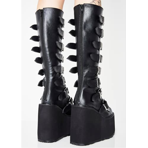 DETOGNI Women's punk goth platform boots Buckle Straps Back Zipper gothic boots Ladies Rivets Metal Decoration Long Boots knee high Tall Boots Combat Boots4