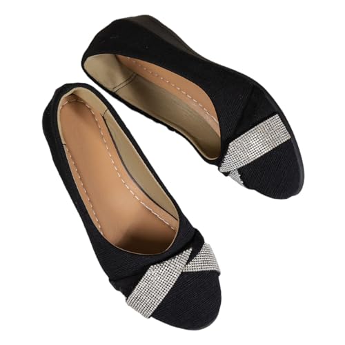 Women's Lightweight Fashion Rhinestone Wedge Shoes, Glitter Comfortable Orthopedic Slip-On Ballet Flats, Womens Black Ballet Round Toe Comfy Pump Low Heel