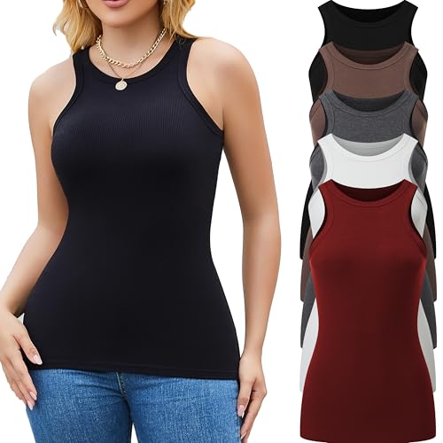 5 Pack Tank Tops for Women Crew Neck Sleeveless Casual Basic Racerback Undershirt Tank Top