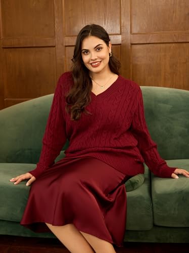 Image of CARCOS Plus Size Sweaters for Curvy Women Long Sleeve Cable V Neck Sweater Knit Pullover Preppy Style Fall Winter XL-5XL