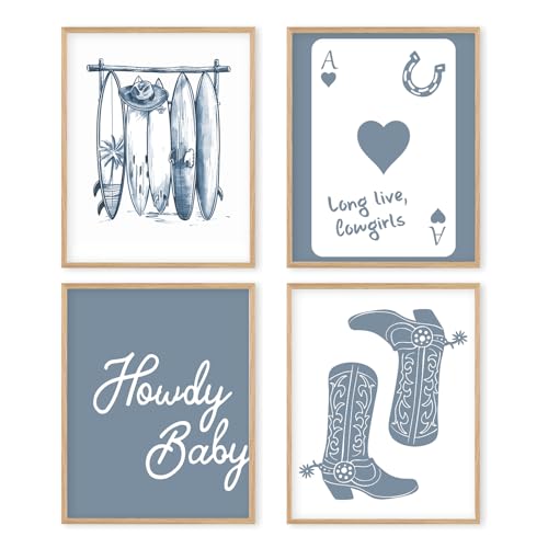 Boat Wades Coastal Cowgirl Wall Art Poster,Cowgirl Boots Poster Prints Wall Art,Long Live Cowgirl Bedroom Dorm Decor,Coquette Room Decor,Coastal Cowgirl Room Decor, 8x10 Set Of 4