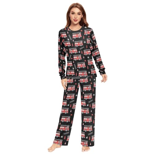 Unisex Pajama Set Long Sleeve Sleepwear Soft 2 Piece Loungewear Cartoon Fire Truck Pj Sets for Women & Men3