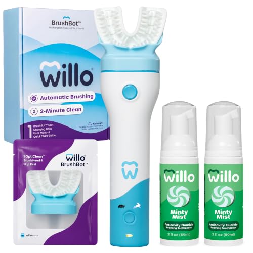 Image of Willo BrushBot Kids U-Shaped Toothbrush Starter Kit - Automatic Toothbrush for Kids, 2 Minute Timer, App Connectivity, Soft Bristles, Rechargeable, Plaque Removal - Large Mint Dye-Free