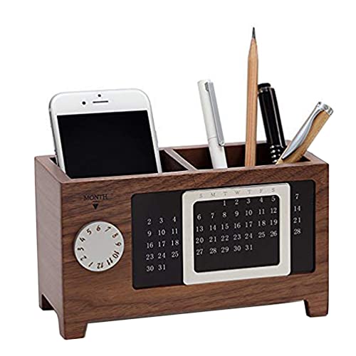 木製 ペン立て 万年カレンダー付 多機能 ペンホルダー 卓上文房具収納用品 オフィス 事務所 学校 収納ケース 新学期のギフト (クルミ)