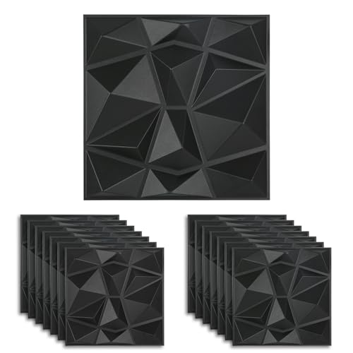 3D Wall Panels PVC Decorative, 15PCS 30 x 30CM Textured Wall Tiles Diamond Design for Living Room Bedroom Bathroom Interior Home Wall Decor (Black)