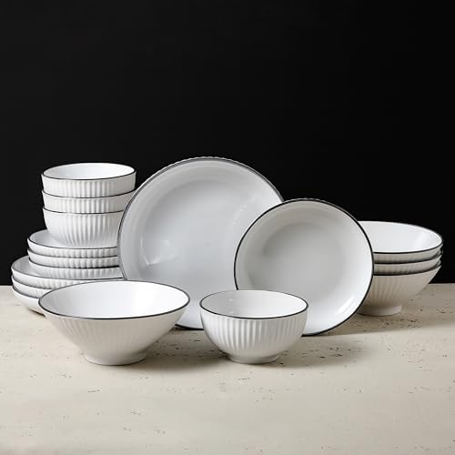 Image of Christian Siriano Lustra Modern 16-Piece Stoneware Dinnerware Set, Plates and Bowls Set, Dinner and Salad Plates, Ramen Bowls, Dishes for 4, White