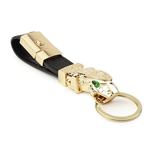 Llavero auto de lujo del coche del metal de Jaguar DPOB, llavero del valet del cuero del grano de la avestruz con 3 llaveros (oro)