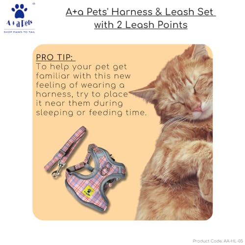 Image of A+a Pets' Harness & Leash Set(Combo) for Cats, Puppies, Small Dogs with 2 Leash Points - Escape Friendly | Night Safety | Reflective Strips |100% Cotton (Blue, XXS)