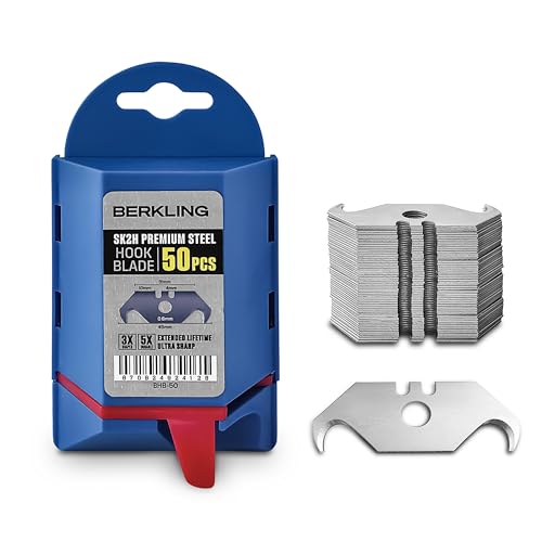 Berkling Utility Hook Razor Blades 50 PCS With Dispenser SK2H Laser Sharpened Hardened Ultra 3X Sharper and 5X Durable Heavy Duty Replacement Blades for Carpet Roofing Blade Knife Box Cutter