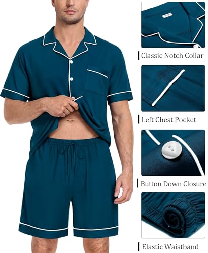 Image of SWOMOG Mens Pajama Set Short Sleeve 2 PCS Sleepwear Button Down Soft Loungewear Modal Set Pj Set with Pockets S-3XL
