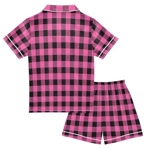 Pink and Black Checked Summer Satin Pajama Set, Cute Button-Down Sleepwear Pj Set for Sleep Wears2